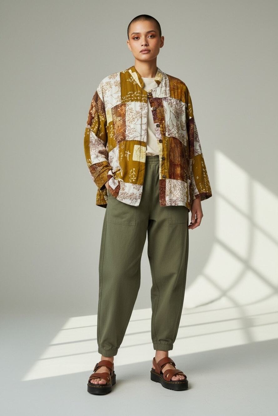 Iguana Patchwork Quilted Kimono Jacket Asian Script Botanical Print Oversized OS